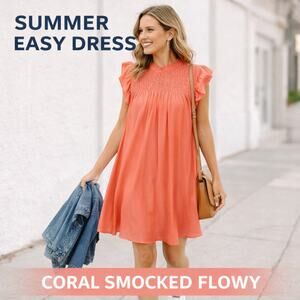 Crown & Ivy Coral Smocked Flutter Sleeve Mini Dress Small